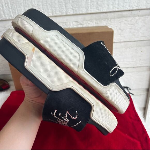 CHRISTIAN LOUBOUTIN SUEDE black Diamanté Crystal Slides Sandals Sz. 37 - Picture 5 of 9